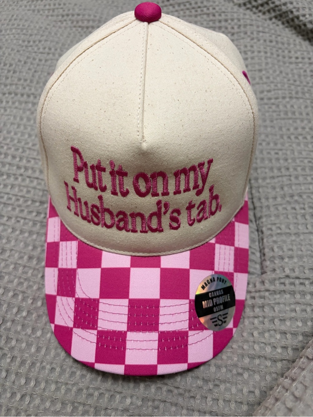 Cream and Pink Check Trucker Hat - "Put it on my Husband's tab"